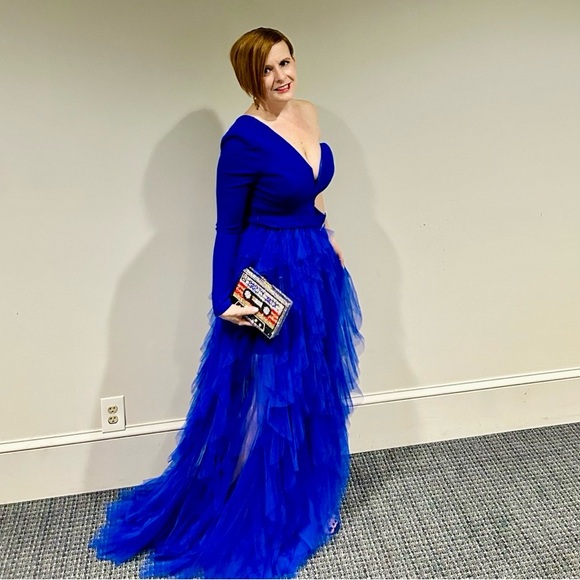 One Shoulder Mesh Overlay Dress With Rhinestone Buckle Belt - Picture 5 of 6